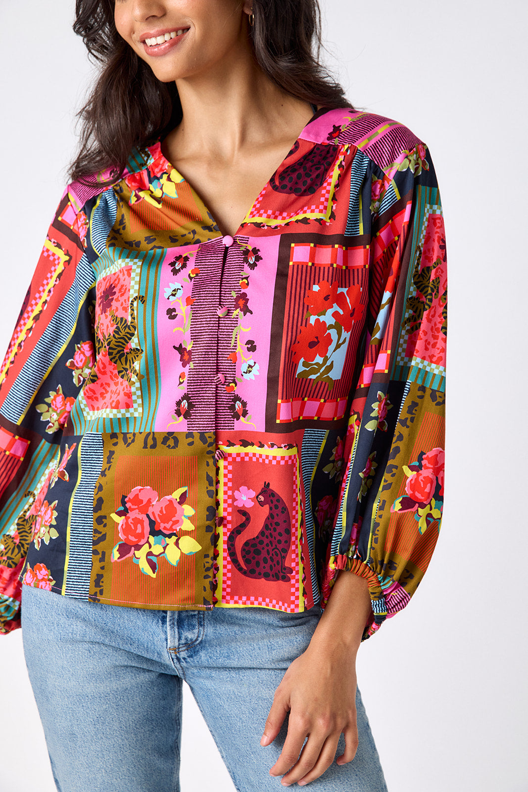 Vintage Vignette button-front v-neck blouse with voluminous sleeve on model – CROSBY by Mollie Burch