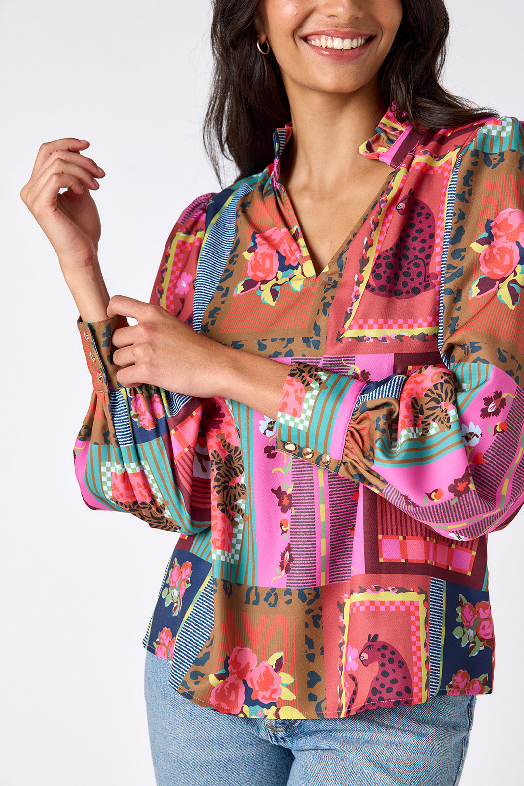 Vintage Vignette relaxed fit long-sleeve blouse with ruffle standing collar on model – CROSBY by Mollie Burch