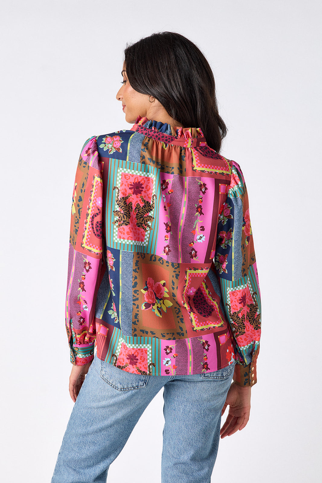 Vintage Vignette relaxed fit long-sleeve blouse with ruffle standing collar on model – CROSBY by Mollie Burch