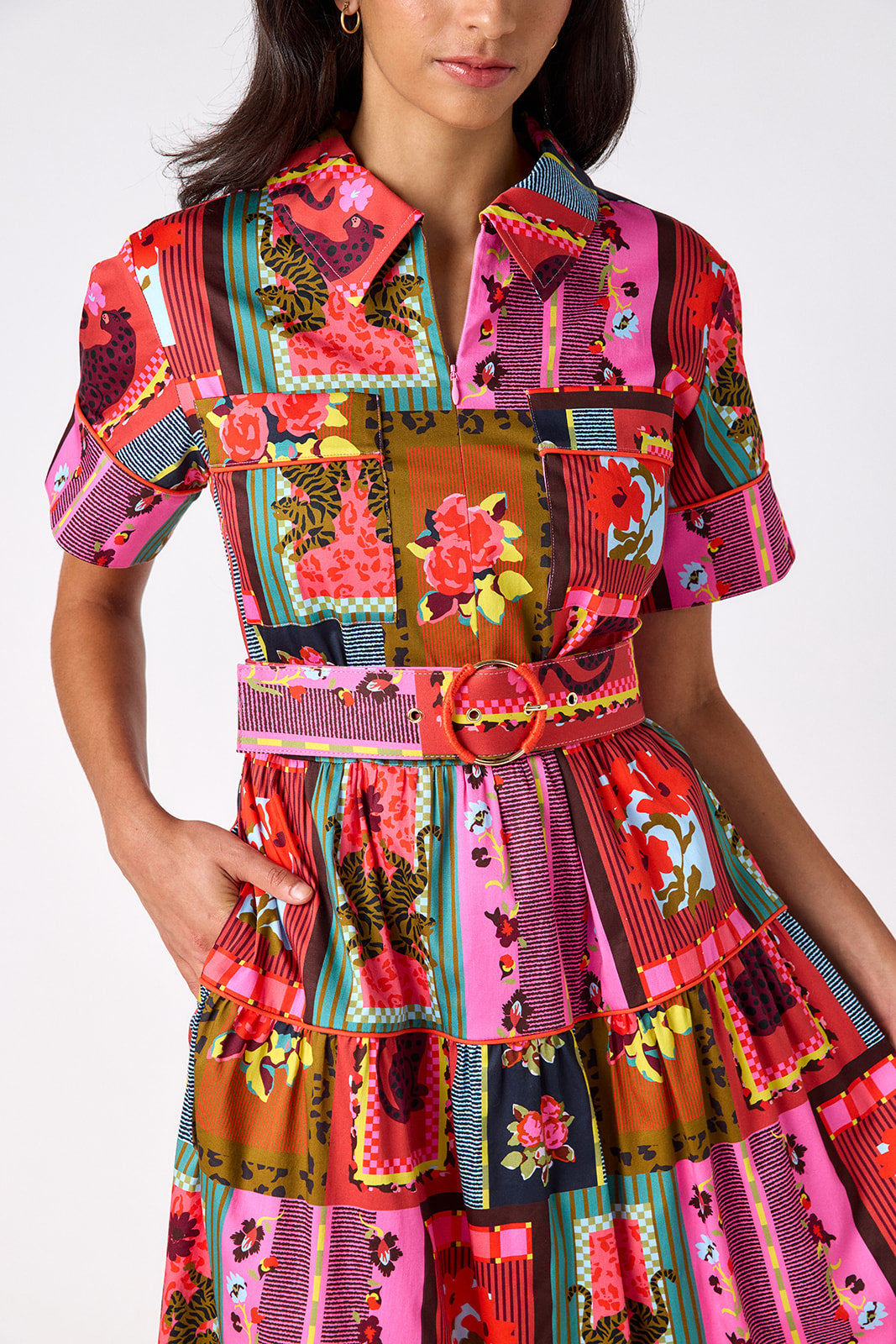 Vintage Vignette short sleeve collared dress with belt on model – CROSBY by Mollie Burch