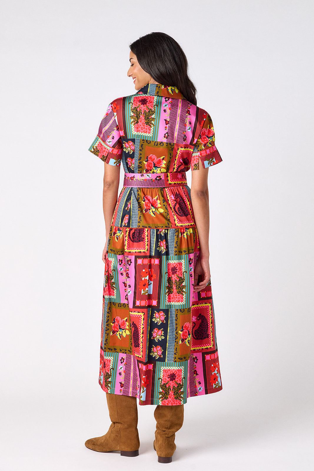 Vintage Vignette short sleeve collared dress with belt on model – CROSBY by Mollie Burch