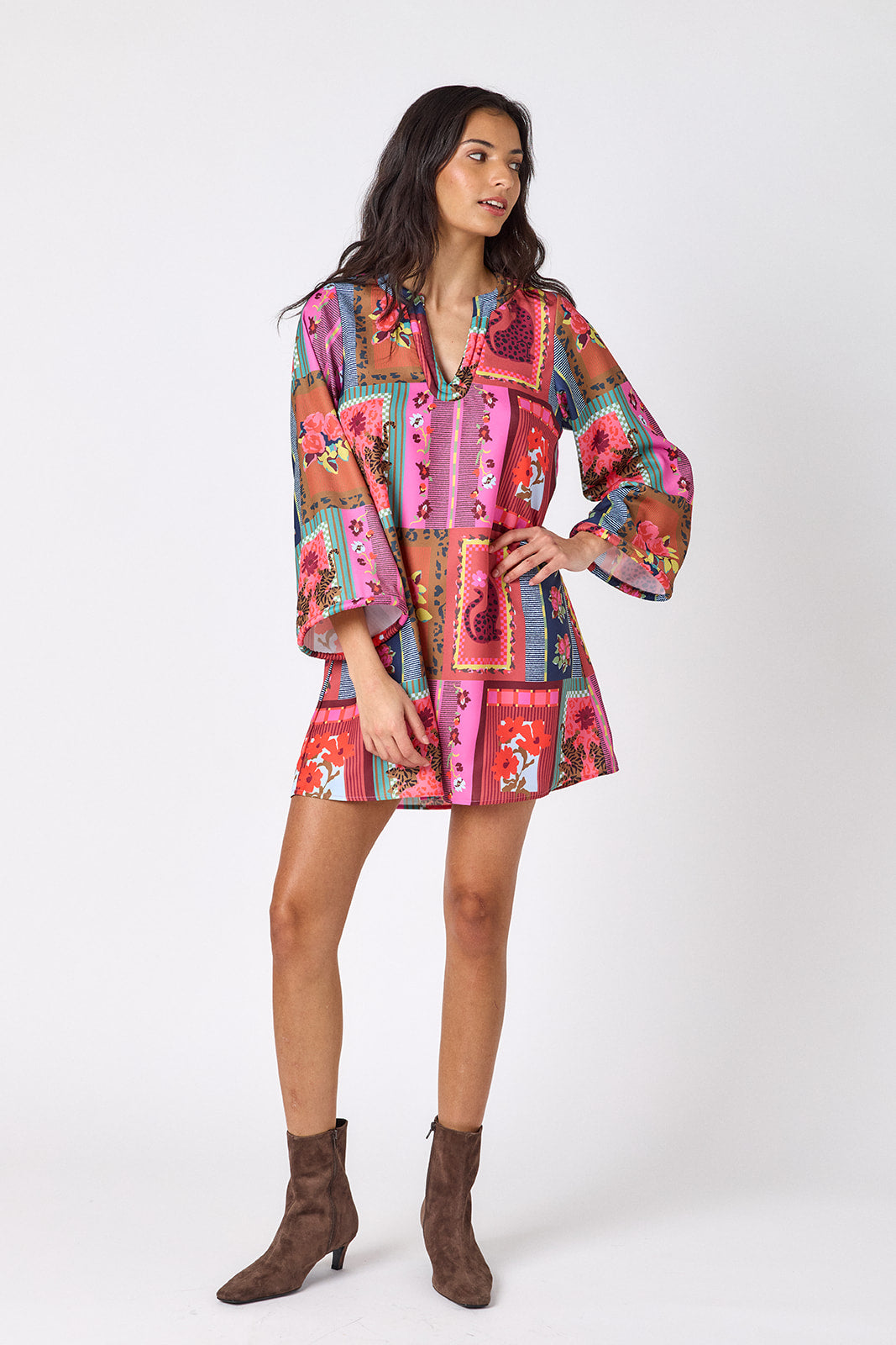 Vintage Vignette above-the-knee tunic dress with bell sleeves on model – CROSBY by Mollie Burch