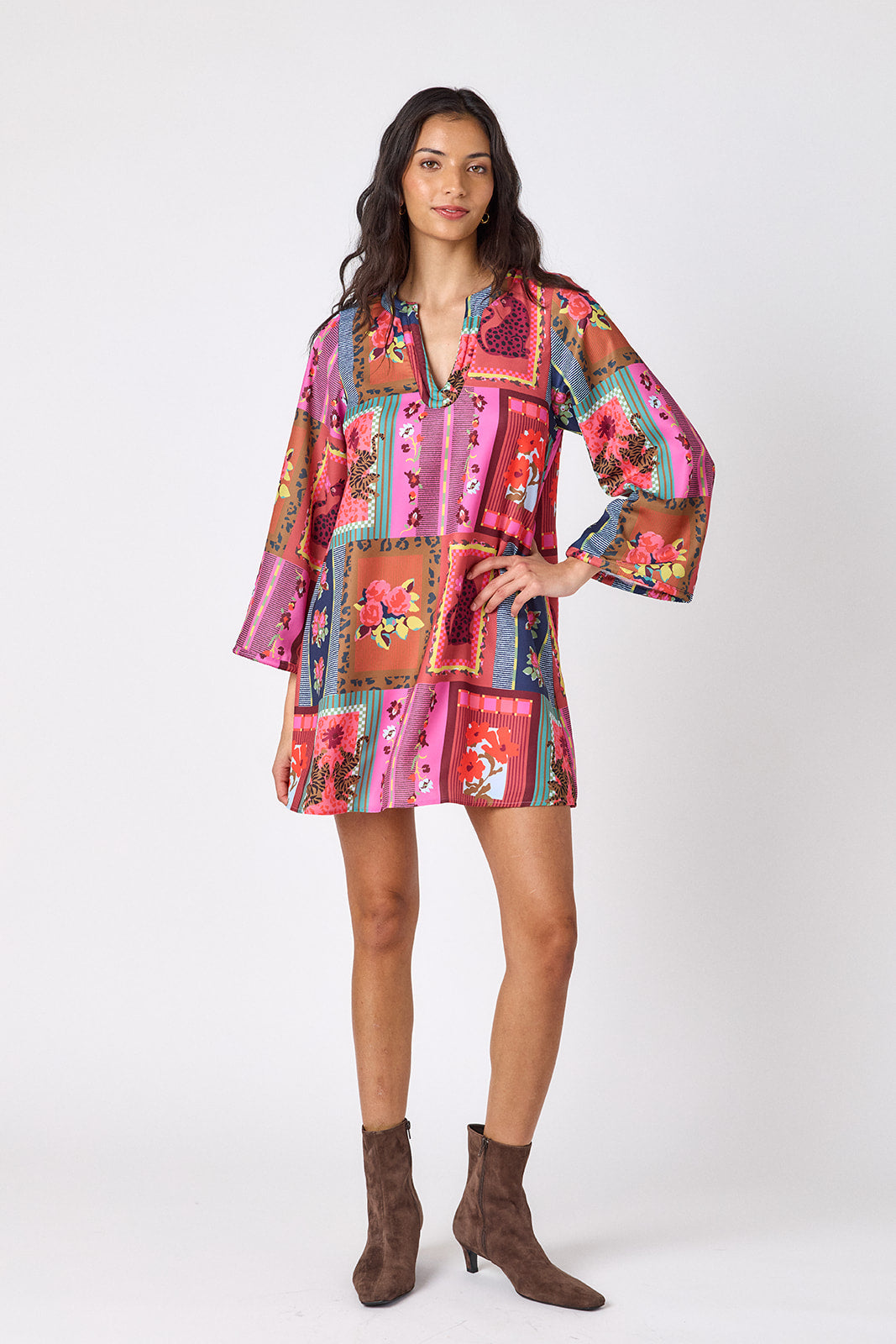 Vintage Vignette above-the-knee tunic dress with bell sleeves on model – CROSBY by Mollie Burch