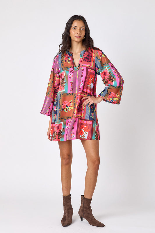 Vintage Vignette above-the-knee tunic dress with bell sleeves on model – CROSBY by Mollie Burch