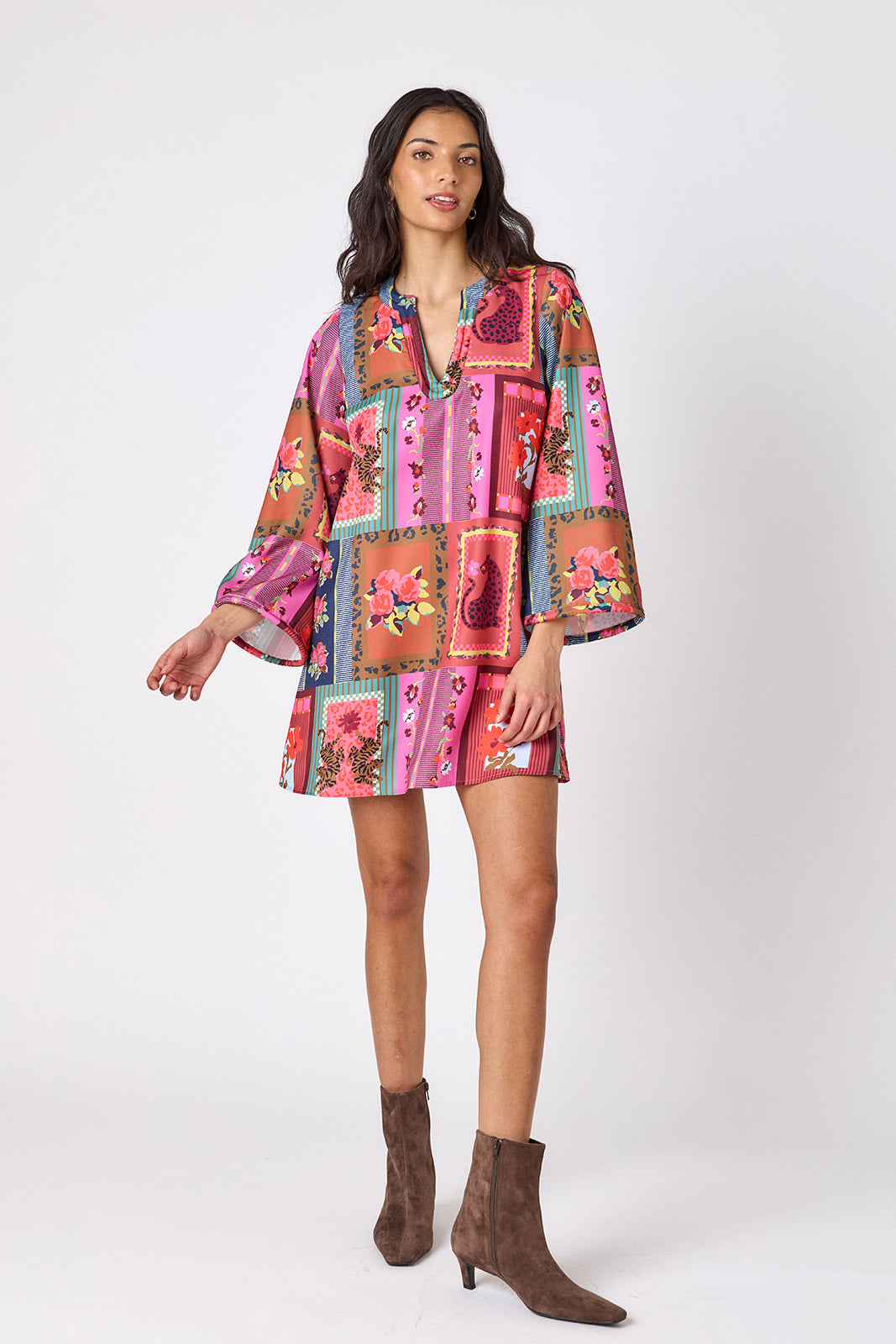 Vintage Vignette above-the-knee tunic dress with bell sleeves on model – CROSBY by Mollie Burch