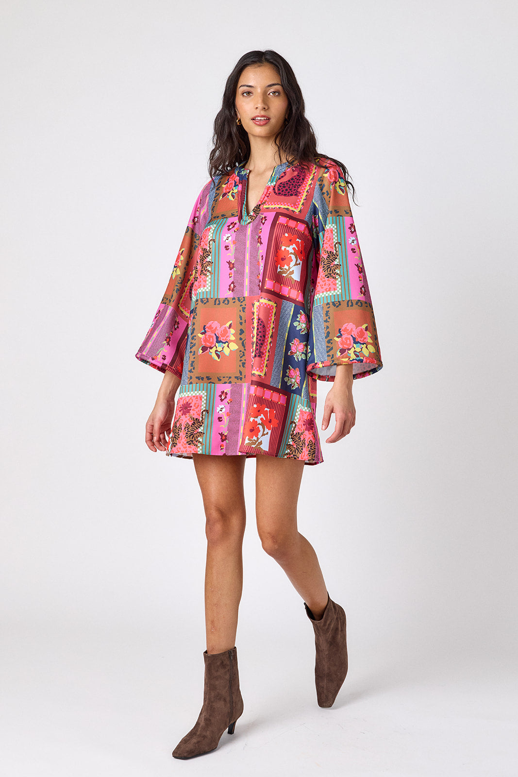Vintage Vignette above-the-knee tunic dress with bell sleeves on model – CROSBY by Mollie Burch