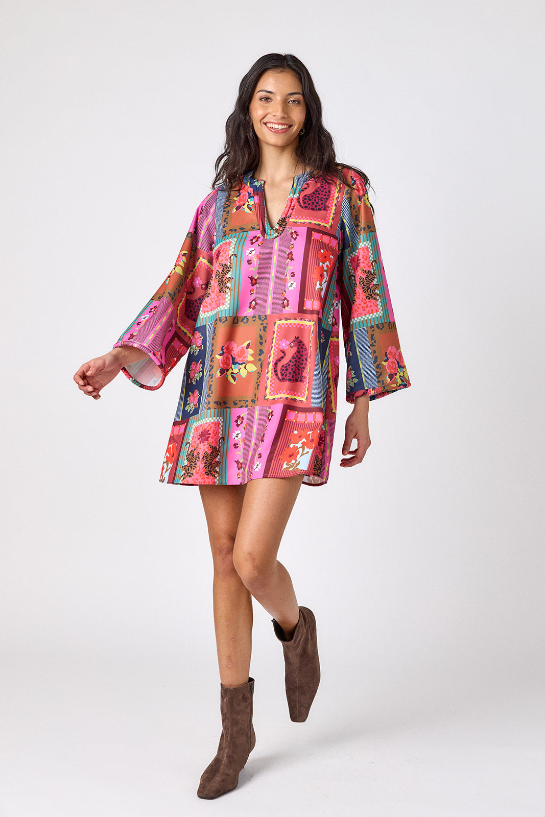 Vintage Vignette above-the-knee tunic dress with bell sleeves on model – CROSBY by Mollie Burch