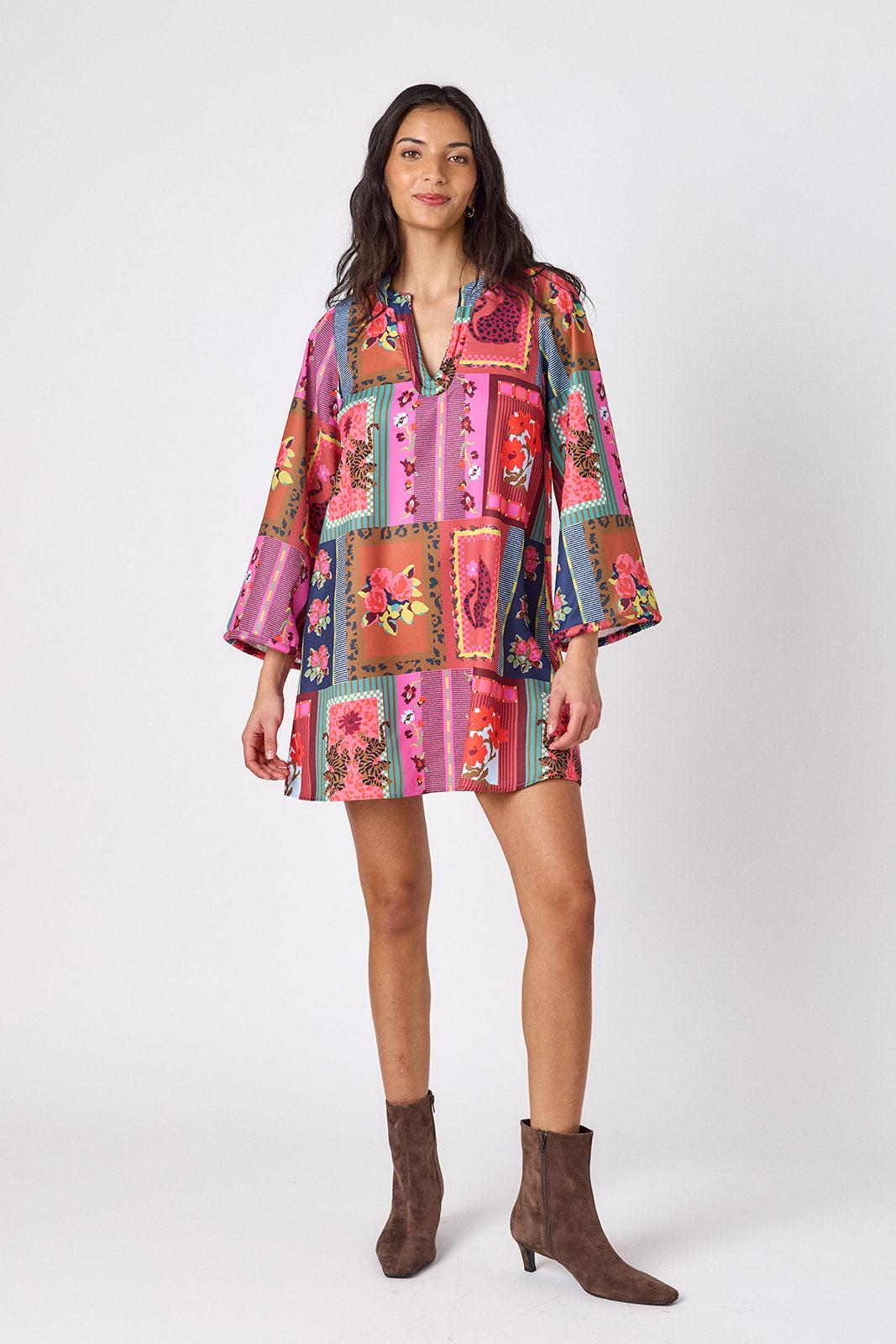 Vintage Vignette above-the-knee tunic dress with bell sleeves on model – CROSBY by Mollie Burch
