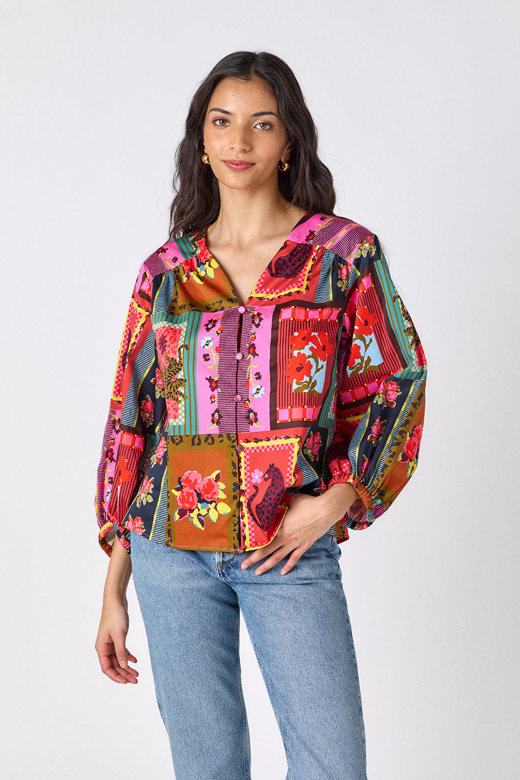 Vintage Vignette button-front v-neck blouse with voluminous sleeve on model – CROSBY by Mollie Burch