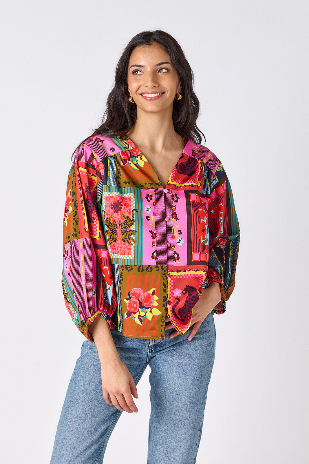 Vintage Vignette button-front v-neck blouse with voluminous sleeve on model – CROSBY by Mollie Burch