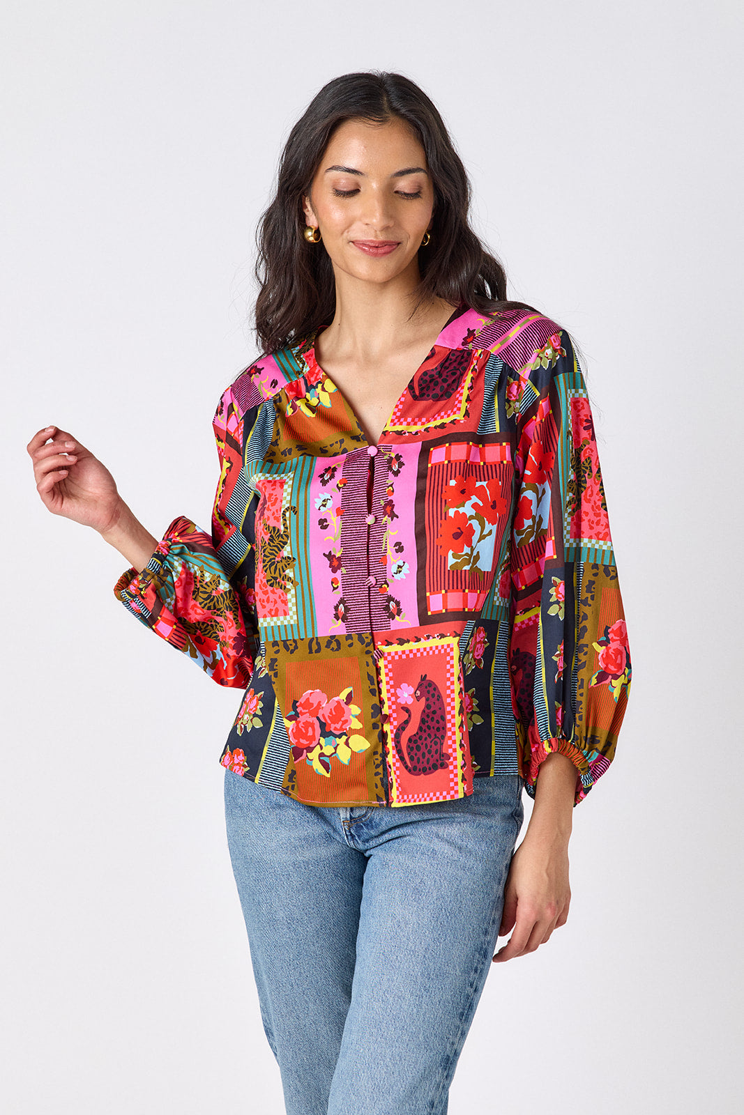 Vintage Vignette button-front v-neck blouse with voluminous sleeve on model – CROSBY by Mollie Burch