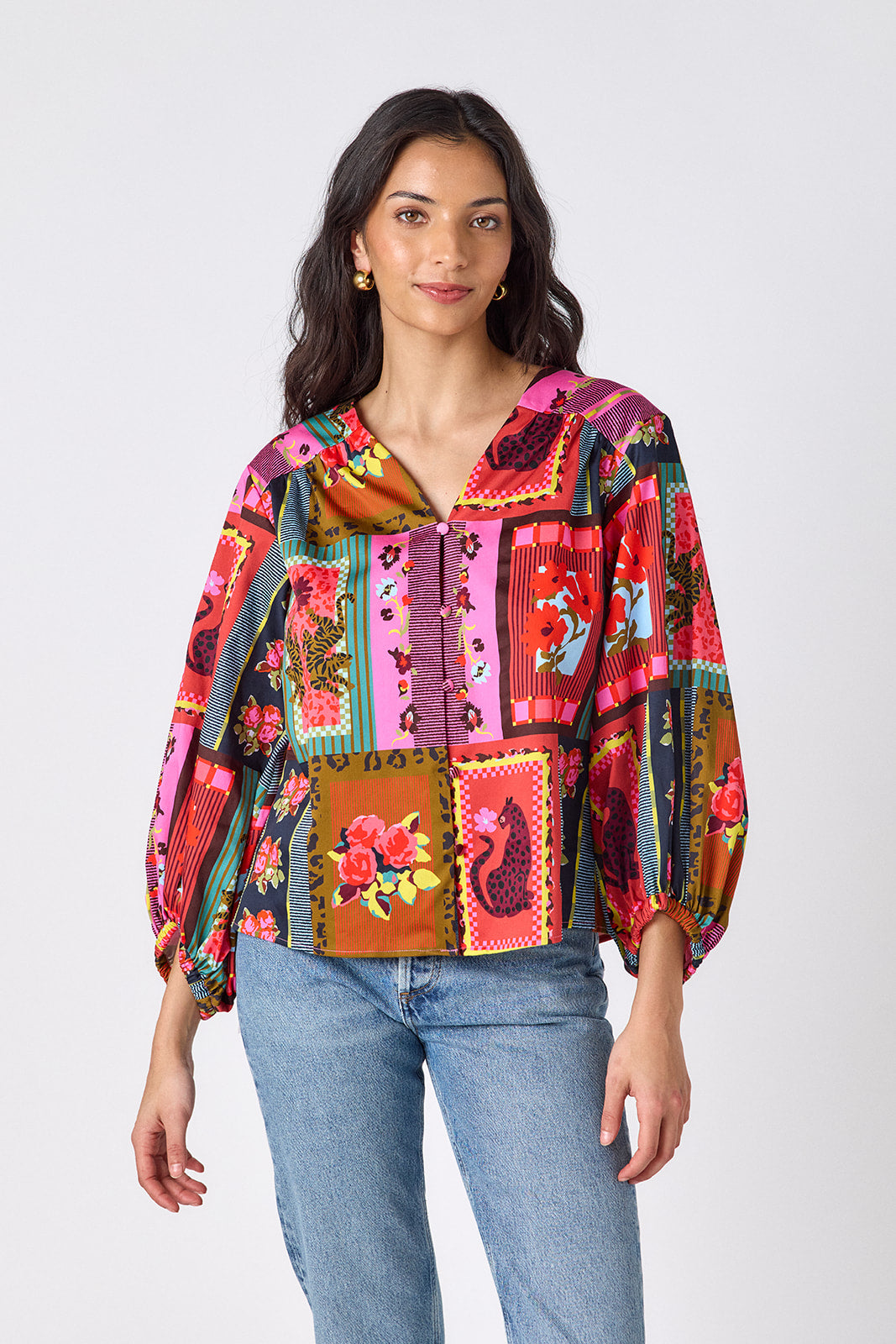 Vintage Vignette button-front v-neck blouse with voluminous sleeve on model – CROSBY by Mollie Burch