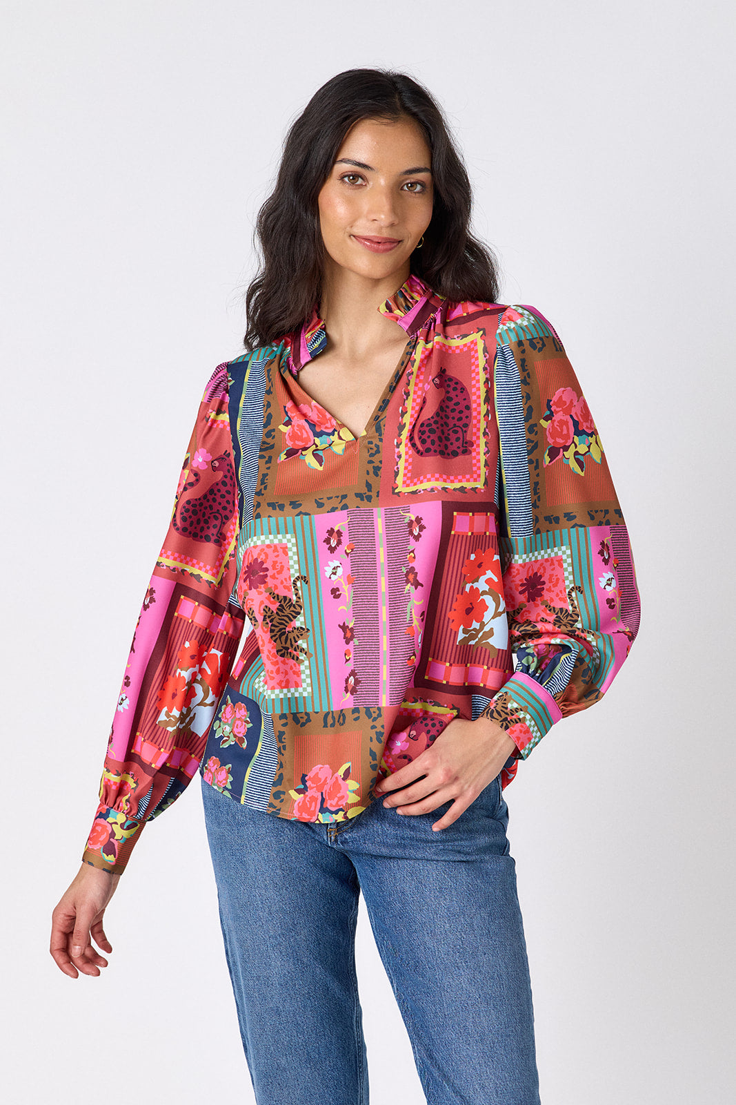 Vintage Vignette relaxed fit long-sleeve blouse with ruffle standing collar on model – CROSBY by Mollie Burch