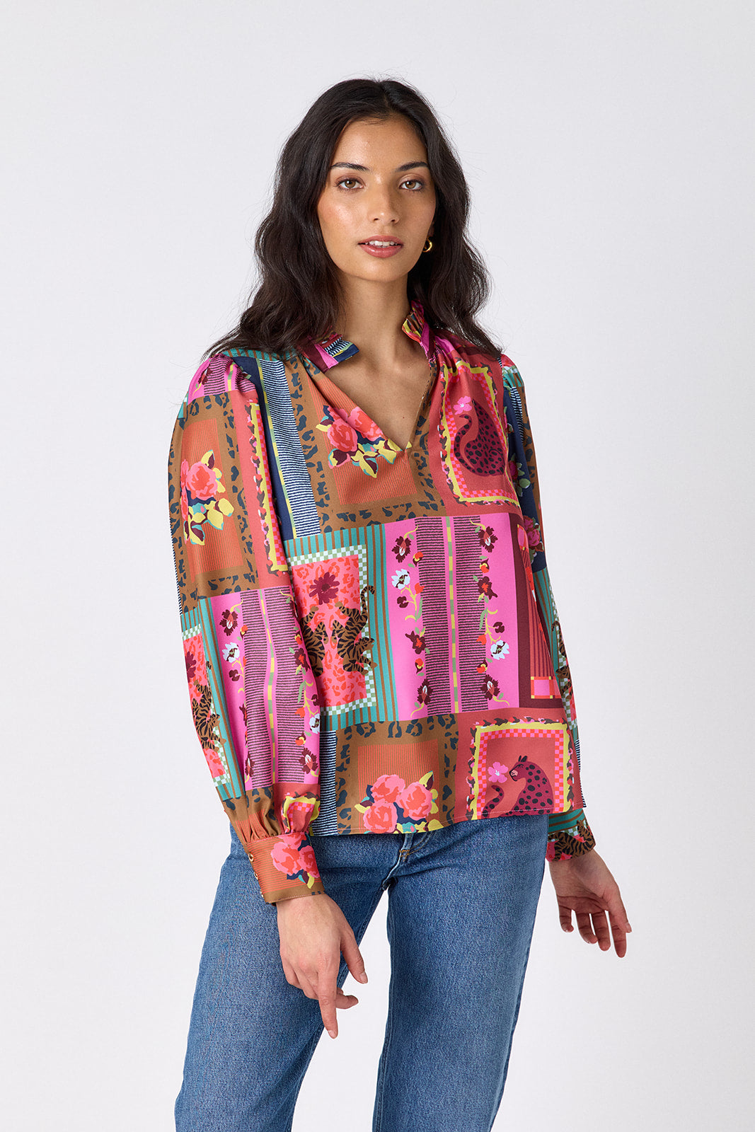 Vintage Vignette relaxed fit long-sleeve blouse with ruffle standing collar on model – CROSBY by Mollie Burch