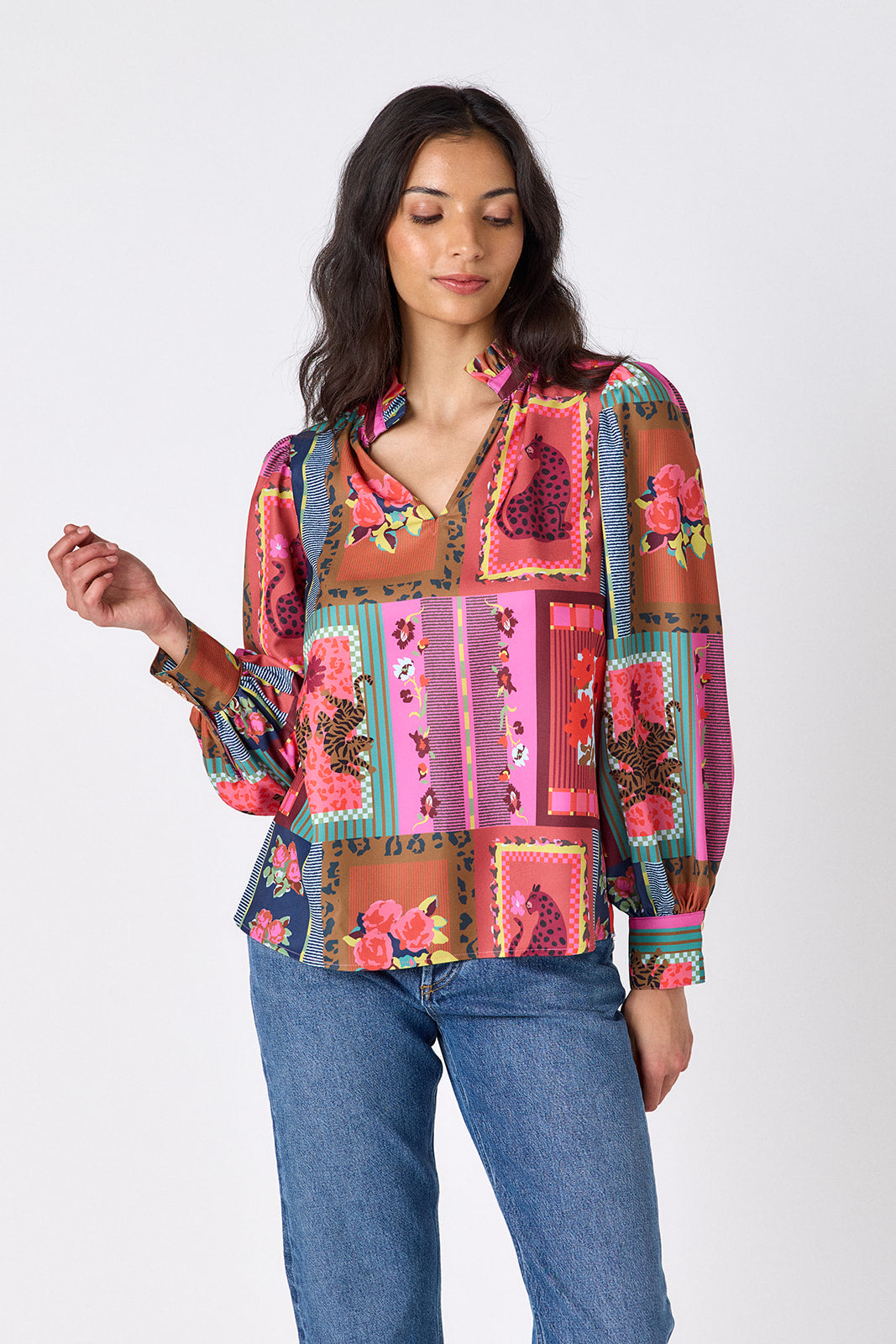 Vintage Vignette relaxed fit long-sleeve blouse with ruffle standing collar on model – CROSBY by Mollie Burch