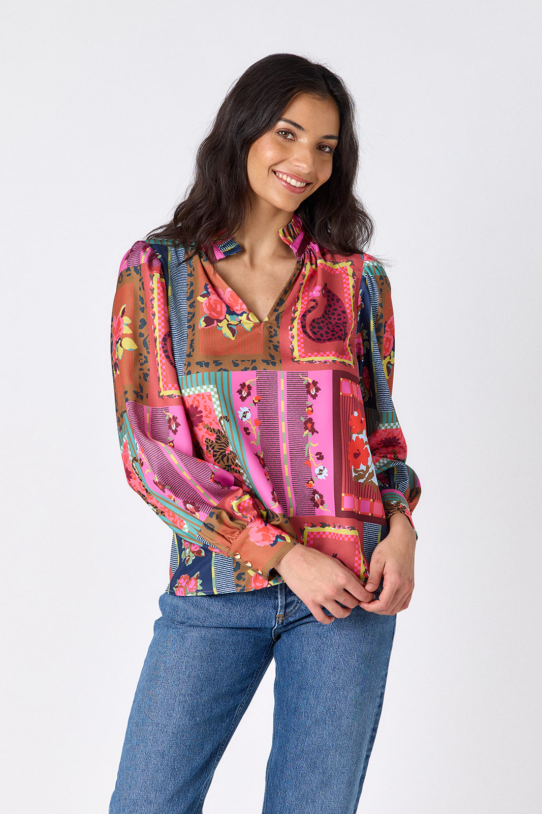 Vintage Vignette relaxed fit long-sleeve blouse with ruffle standing collar on model – CROSBY by Mollie Burch