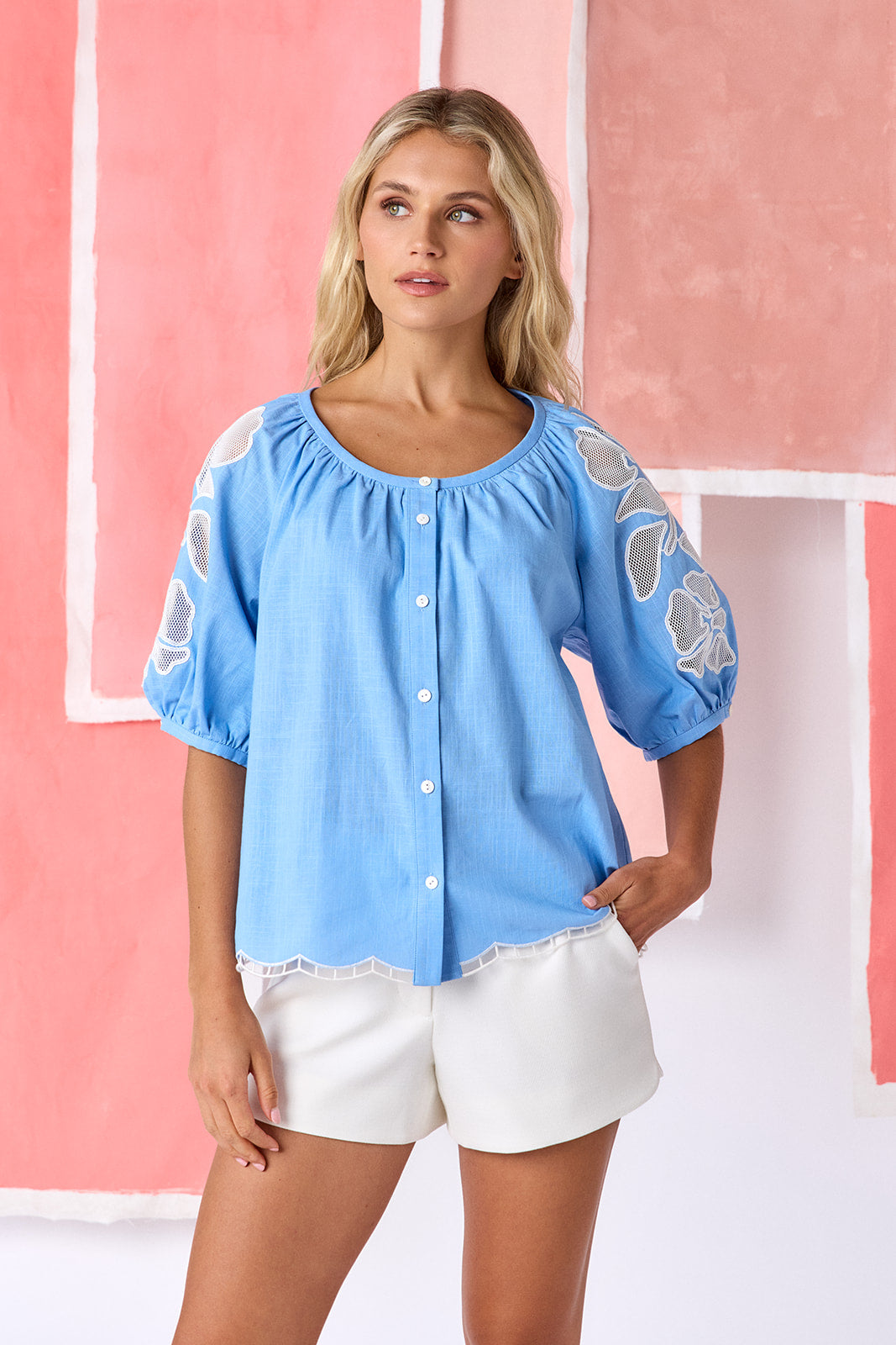 Perrie Top | Balloon Sleeve Button-Front Blouse | CROSBY by Mollie