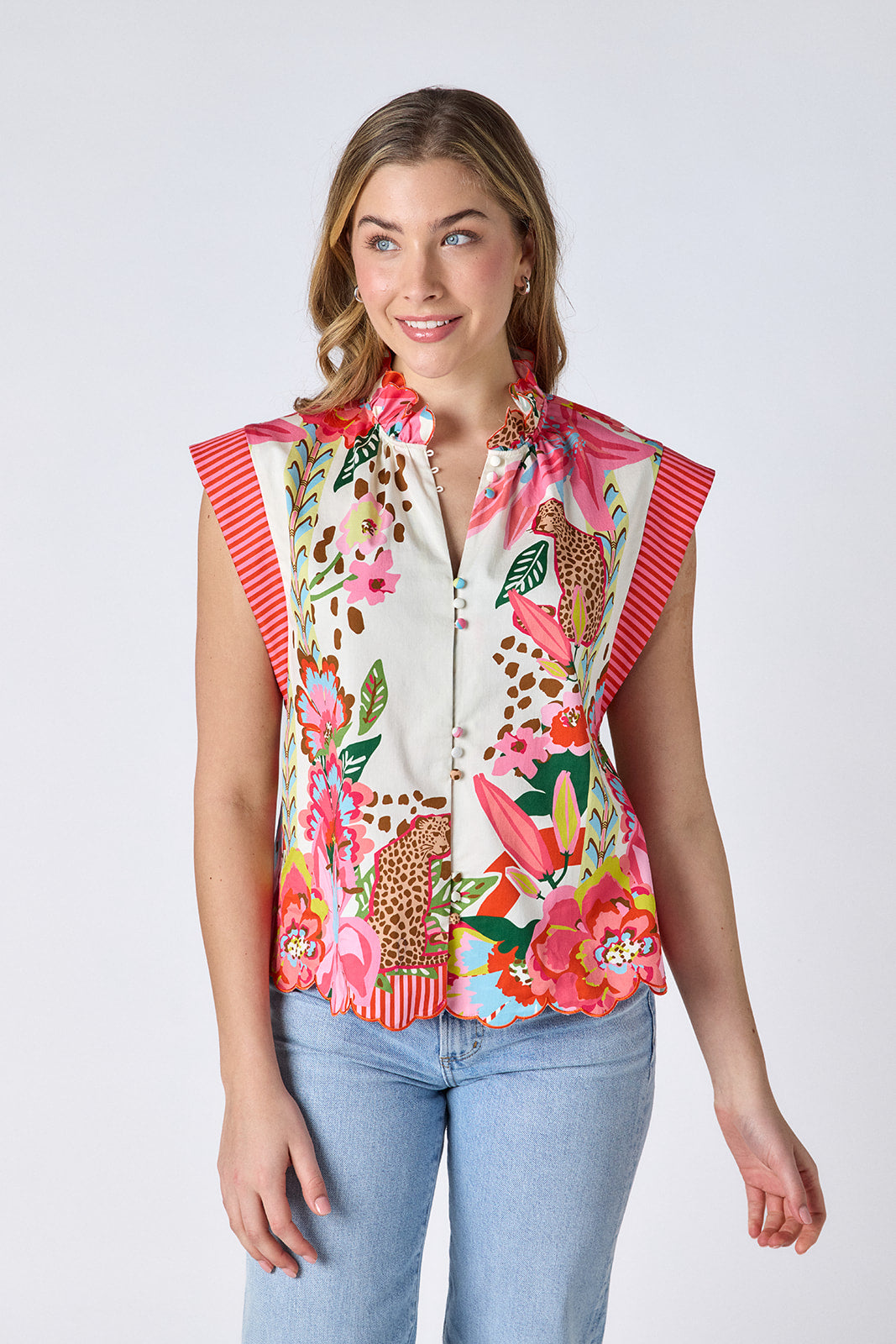 Wild Lily cotton top with scallop detail on model — CROSBY by Mollie Burch