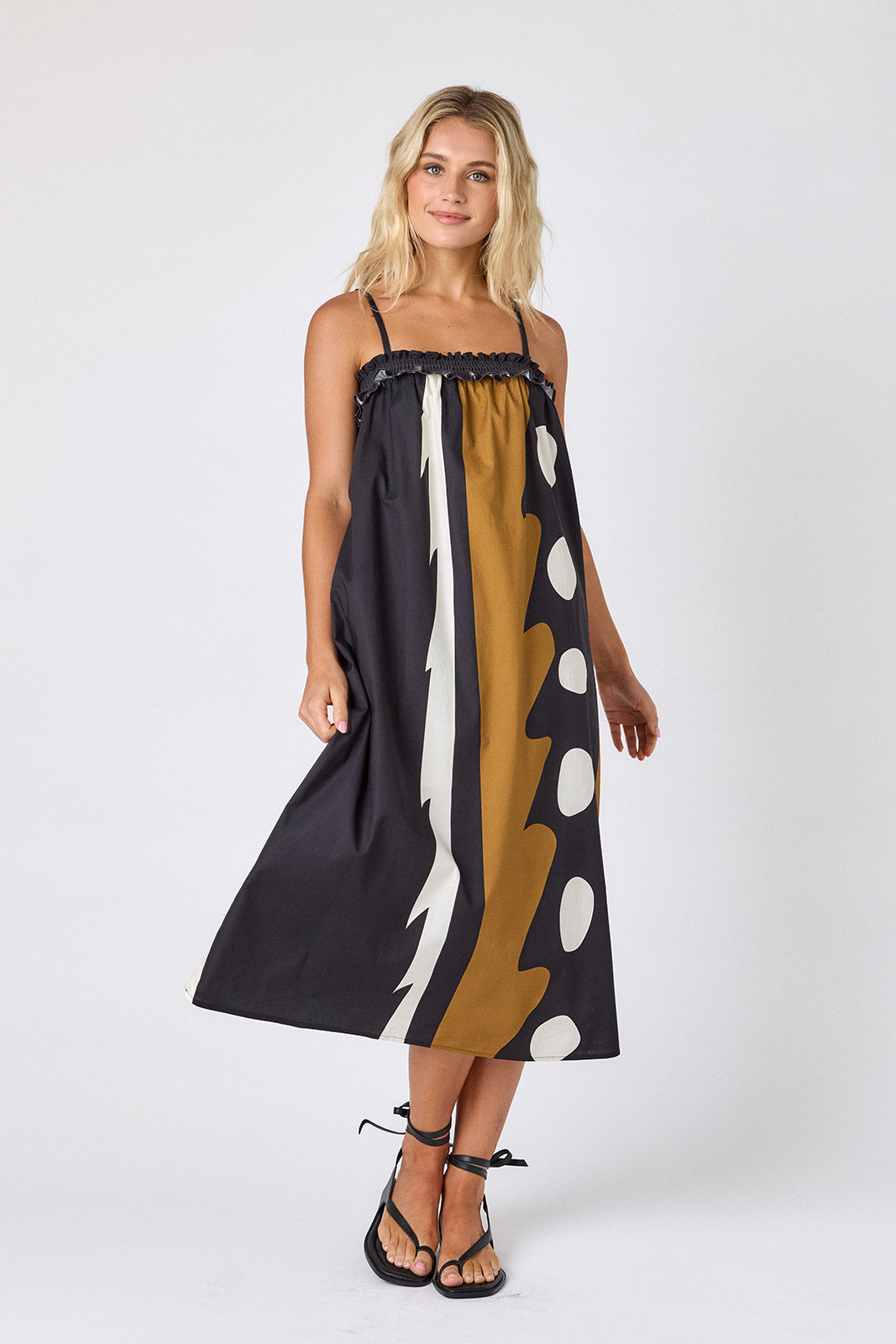 Wild Line tent style dress with smocking on model — CROSBY by Mollie Burch