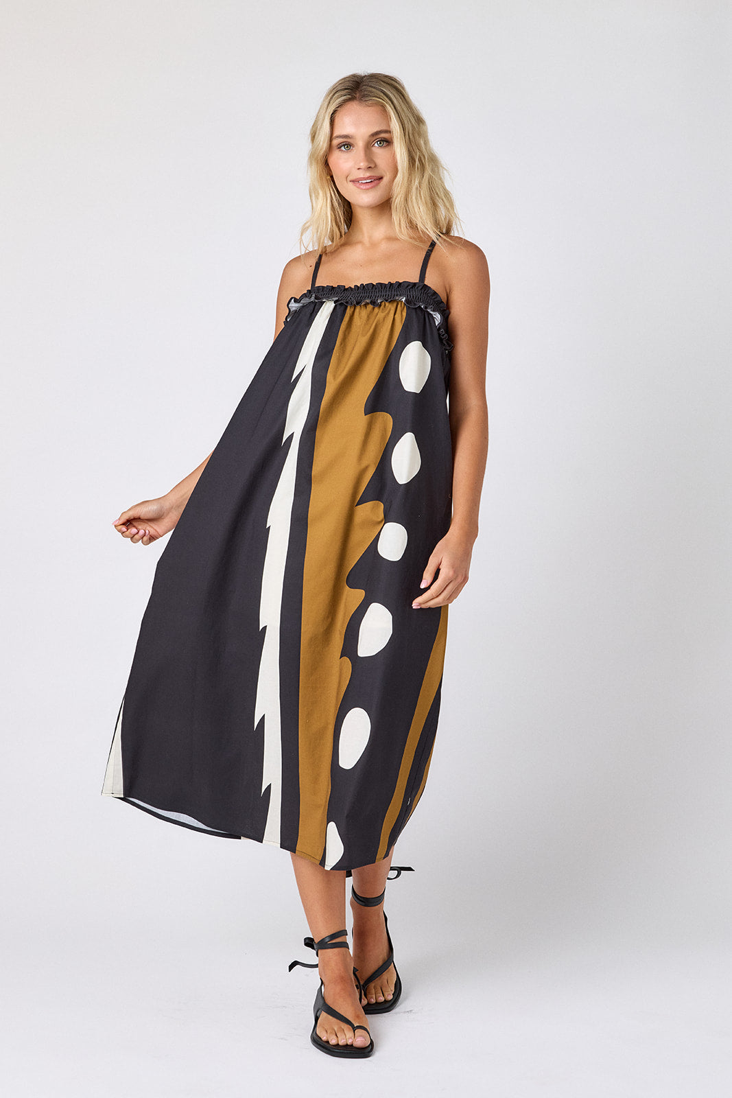 Wild Line tent style dress with smocking on model — CROSBY by Mollie Burch