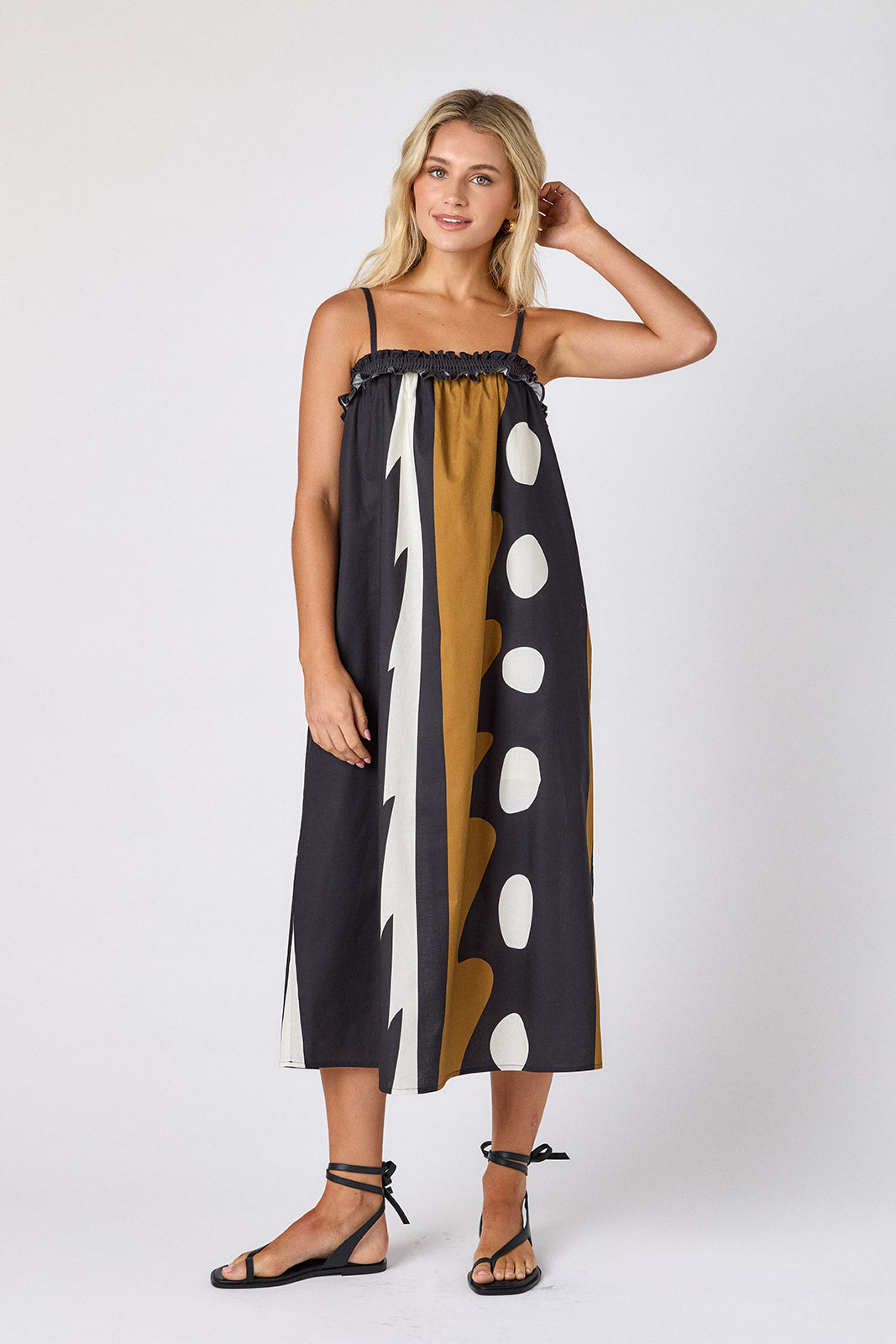 Wild Line tent style dress with smocking on model — CROSBY by Mollie Burch