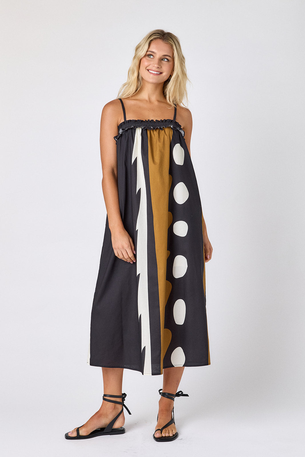 Wild Line tent style dress with smocking on model — CROSBY by Mollie Burch