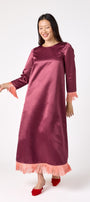 Drewry Dress in Wine featuring satin fabric and contrast fringe trim on model – CROSBY by Mollie Burch